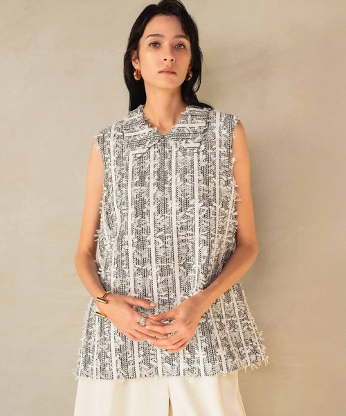 セール】【2026SS】襟付き ツイード ノースリーブブラウス リボン