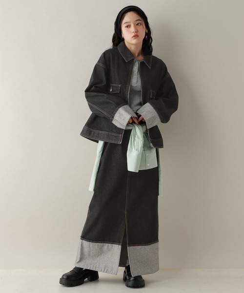 RAGEBLUE（レイジブルー）の「ステッチデザイン/ロールアップジップデニムブルゾン/セットアップ対応（デニムジャケット・レディース・ブルー/ブラック・FREE）」の3枚目の写真