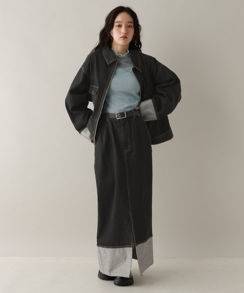 RAGEBLUE（レイジブルー）の「ステッチデザイン/ロールアップジップデニムブルゾン/セットアップ対応（デニムジャケット・レディース・ブルー/ブラック・FREE）」の5枚目の写真