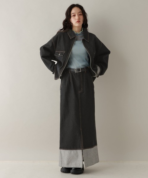 RAGEBLUE（レイジブルー）の「ステッチデザイン/ロールアップジップデニムブルゾン/セットアップ対応（デニムジャケット・レディース・ブルー/ブラック・FREE）」の6枚目の写真