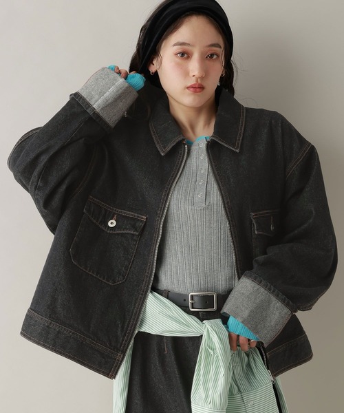 RAGEBLUE（レイジブルー）の「ステッチデザイン/ロールアップジップデニムブルゾン/セットアップ対応（デニムジャケット・レディース・ブルー/ブラック・FREE）」の7枚目の写真