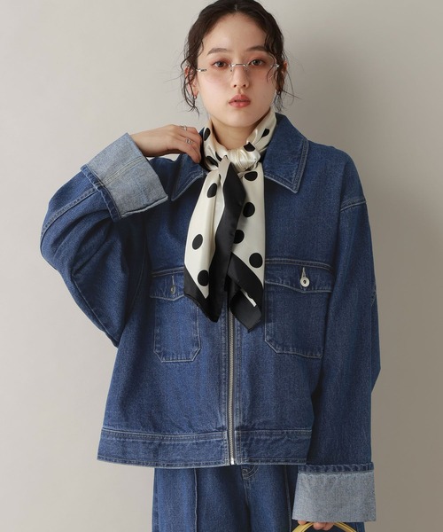 RAGEBLUE（レイジブルー）の「ステッチデザイン/ロールアップジップデニムブルゾン/セットアップ対応（デニムジャケット・レディース・ブルー/ブラック・FREE）」の11枚目の写真