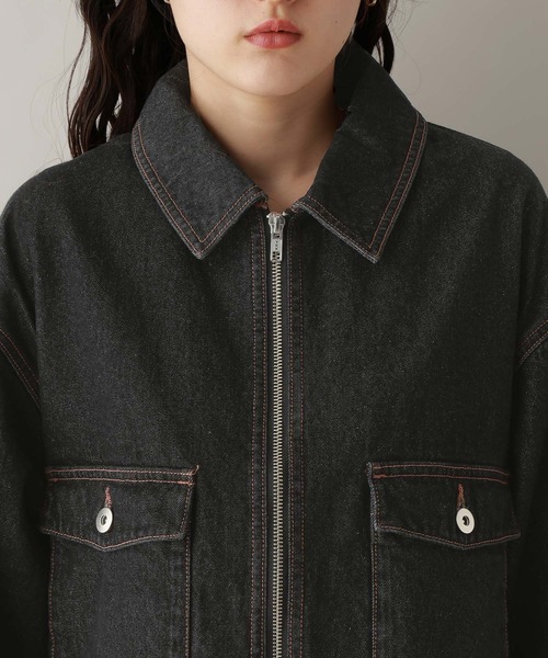 RAGEBLUE（レイジブルー）の「ステッチデザイン/ロールアップジップデニムブルゾン/セットアップ対応（デニムジャケット・レディース・ブルー/ブラック・FREE）」の15枚目の写真