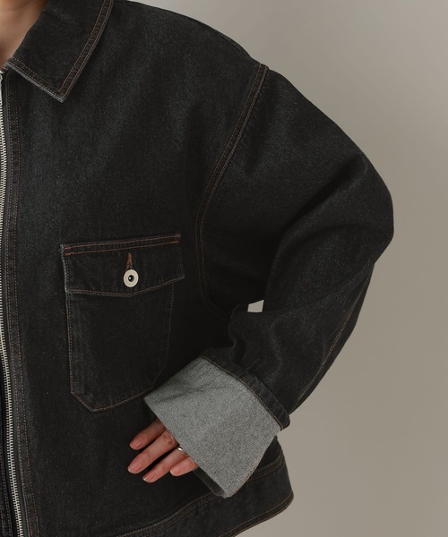 RAGEBLUE（レイジブルー）の「ステッチデザイン/ロールアップジップデニムブルゾン/セットアップ対応（デニムジャケット・レディース・ブルー/ブラック・FREE）」の16枚目の写真