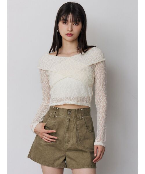 MURUA（ムルーア）の「レースカシュクールオフショルトップス（Tシャツ/カットソー・レディース・ブラウン/ブラック/アイボリー・FREE）」の6枚目の写真