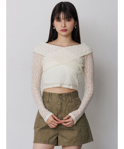 MURUA（ムルーア）の「レースカシュクールオフショルトップス（Tシャツ/カットソー・レディース・ブラウン/ブラック/アイボリー・FREE）」の7枚目の写真