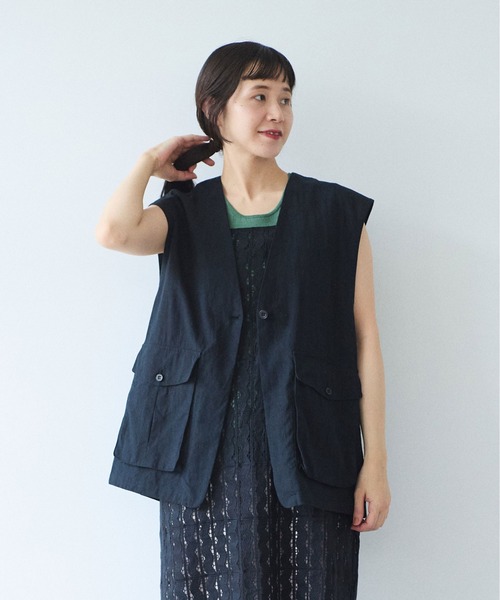 yuni(ユニ )の「高密度Cotton/Linen ベスト(シャツ/ブラウス・レディース・アイボリー/ブラック・FREE)」の2枚目の写真