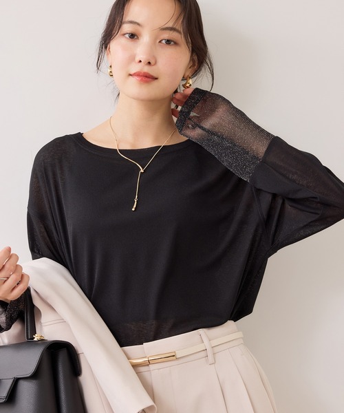 VIS（ビス）の「ラメメッシュスリーブ切り替えシアーロンT（Tシャツ/カットソー・レディース・ブラック/ホワイト/ピンク/ライトグレー・FREE）」の2枚目の写真