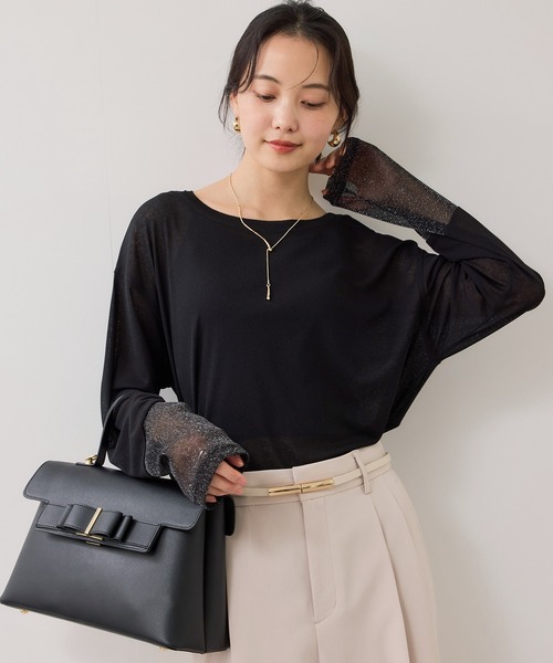 VIS（ビス）の「ラメメッシュスリーブ切り替えシアーロンT（Tシャツ/カットソー・レディース・ブラック/ホワイト/ピンク/ライトグレー・FREE）」の5枚目の写真