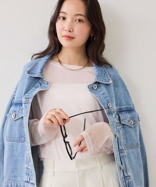 VIS（ビス）の「ラメメッシュスリーブ切り替えシアーロンT（Tシャツ/カットソー・レディース・ブラック/ホワイト/ピンク/ライトグレー・FREE）」の15枚目の写真