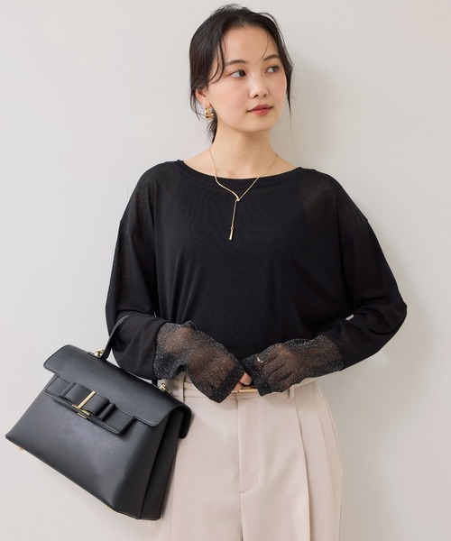 VIS（ビス）の「ラメメッシュスリーブ切り替えシアーロンT（Tシャツ/カットソー・レディース・ブラック/ホワイト/ピンク/ライトグレー・FREE）」の6枚目の写真