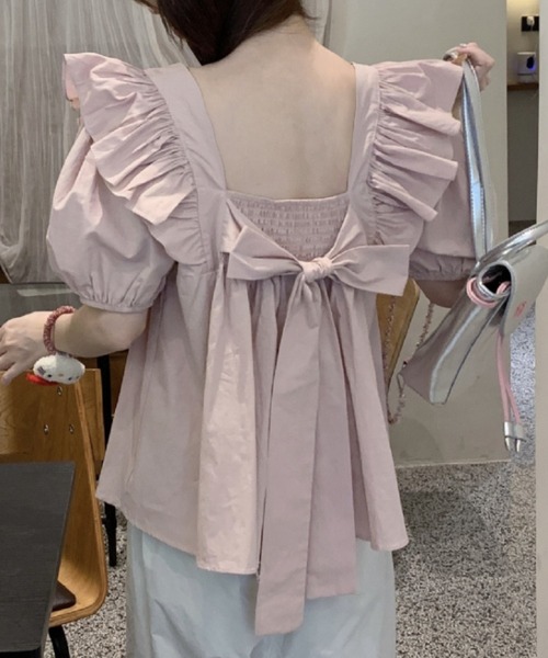 SHEPP(シープ)の「【26年春夏新作】ビッグリボンフリルショルダーペプラム半袖ブラウス(シャツ/ブラウス・レディース・アイボリー/ピンク・L/M)」の2枚目の写真