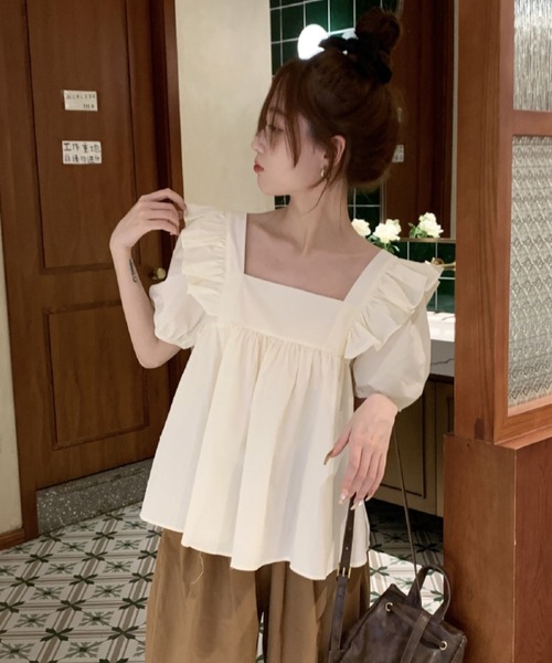 SHEPP(シープ)の「【26年春夏新作】ビッグリボンフリルショルダーペプラム半袖ブラウス(シャツ/ブラウス・レディース・アイボリー/ピンク・L/M)」の6枚目の写真