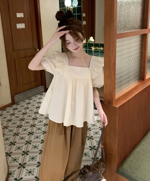SHEPP(シープ)の「【26年春夏新作】ビッグリボンフリルショルダーペプラム半袖ブラウス(シャツ/ブラウス・レディース・アイボリー/ピンク・L/M)」の7枚目の写真