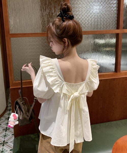 SHEPP(シープ)の「【26年春夏新作】ビッグリボンフリルショルダーペプラム半袖ブラウス(シャツ/ブラウス・レディース・アイボリー/ピンク・L/M)」の8枚目の写真