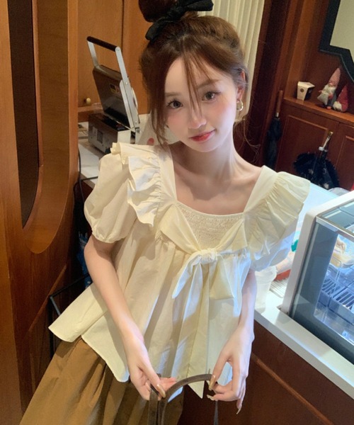 SHEPP(シープ)の「【26年春夏新作】ビッグリボンフリルショルダーペプラム半袖ブラウス(シャツ/ブラウス・レディース・アイボリー/ピンク・L/M)」の11枚目の写真