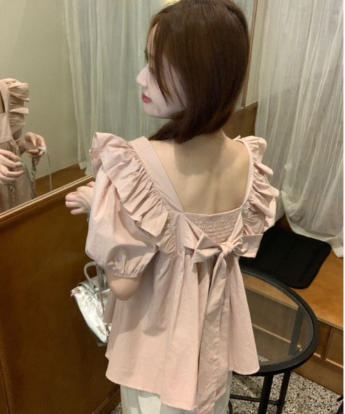 SHEPP(シープ)の「【26年春夏新作】ビッグリボンフリルショルダーペプラム半袖ブラウス(シャツ/ブラウス・レディース・アイボリー/ピンク・L/M)」の14枚目の写真