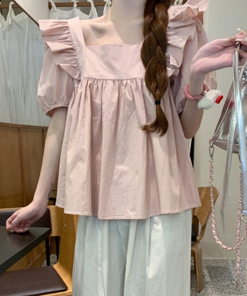 SHEPP(シープ)の「【26年春夏新作】ビッグリボンフリルショルダーペプラム半袖ブラウス(シャツ/ブラウス・レディース・アイボリー/ピンク・L/M)」の4枚目の写真