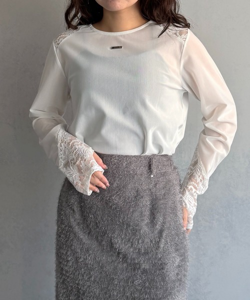 &g'aime(アンジェム)の「【&g'aime 】シアー&レーストップス Sheer & Lace Mixed Top(Tシャツ/カットソー・レディース・ホワイト/ブラック・FREE)」の2枚目の写真