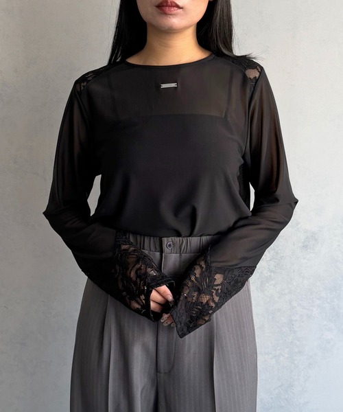 &g'aime(アンジェム)の「【&g'aime 】シアー&レーストップス Sheer & Lace Mixed Top(Tシャツ/カットソー・レディース・ホワイト/ブラック・FREE)」の1枚目の写真