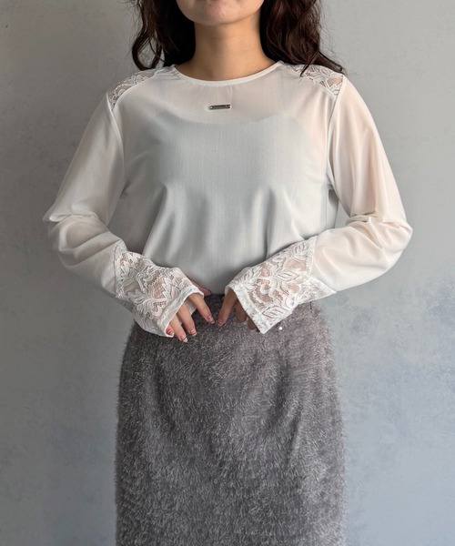 &g'aime(アンジェム)の「【&g'aime 】シアー&レーストップス Sheer & Lace Mixed Top(Tシャツ/カットソー・レディース・ホワイト/ブラック・FREE)」の3枚目の写真