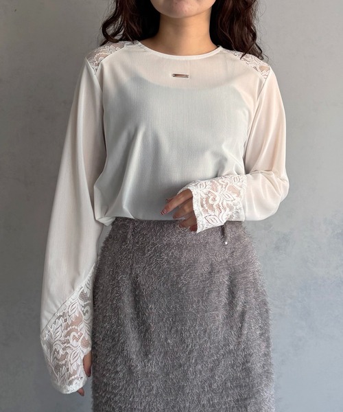 &g'aime(アンジェム)の「【&g'aime 】シアー&レーストップス Sheer & Lace Mixed Top(Tシャツ/カットソー・レディース・ホワイト/ブラック・FREE)」の4枚目の写真