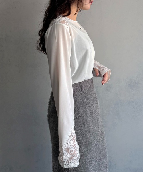 &g'aime(アンジェム)の「【&g'aime 】シアー&レーストップス Sheer & Lace Mixed Top(Tシャツ/カットソー・レディース・ホワイト/ブラック・FREE)」の8枚目の写真