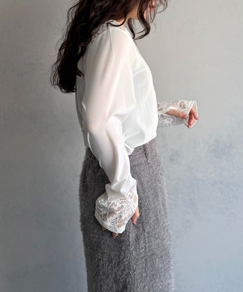 &g'aime(アンジェム)の「【&g'aime 】シアー&レーストップス Sheer & Lace Mixed Top(Tシャツ/カットソー・レディース・ホワイト/ブラック・FREE)」の9枚目の写真