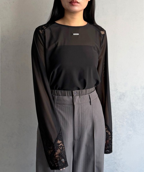 &g'aime(アンジェム)の「【&g'aime 】シアー&レーストップス Sheer & Lace Mixed Top(Tシャツ/カットソー・レディース・ホワイト/ブラック・FREE)」の17枚目の写真