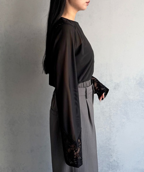 &g'aime(アンジェム)の「【&g'aime 】シアー&レーストップス Sheer & Lace Mixed Top(Tシャツ/カットソー・レディース・ホワイト/ブラック・FREE)」の19枚目の写真