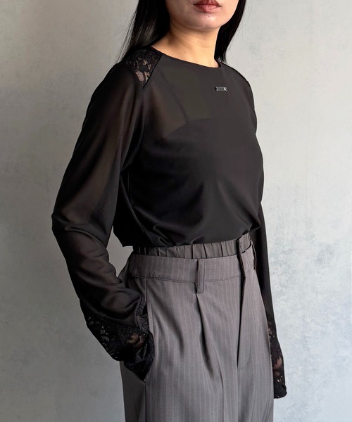 &g'aime(アンジェム)の「【&g'aime 】シアー&レーストップス Sheer & Lace Mixed Top(Tシャツ/カットソー・レディース・ホワイト/ブラック・FREE)」の20枚目の写真