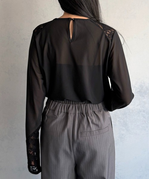 &g'aime(アンジェム)の「【&g'aime 】シアー&レーストップス Sheer & Lace Mixed Top(Tシャツ/カットソー・レディース・ホワイト/ブラック・FREE)」の22枚目の写真