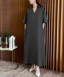 リネンライクスキッパーAライン半袖ロングシャツワンピース【洗える】