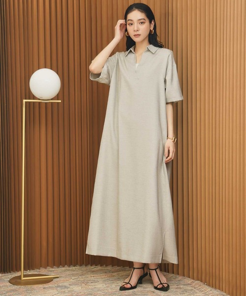 ELFRANK(エルフランク)の「リネンライクスキッパーAライン半袖ロングシャツワンピース【洗える】(シャツワンピース・レディース・グレイッシュベージュ/チャコールグレー・L/M)」の4枚目の写真