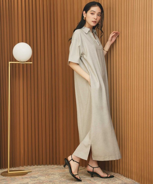 ELFRANK(エルフランク)の「リネンライクスキッパーAライン半袖ロングシャツワンピース【洗える】(シャツワンピース・レディース・グレイッシュベージュ/チャコールグレー・L/M)」の5枚目の写真