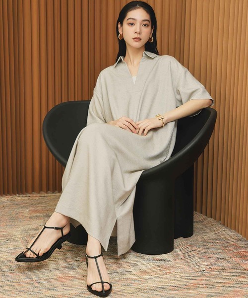 ELFRANK(エルフランク)の「リネンライクスキッパーAライン半袖ロングシャツワンピース【洗える】(シャツワンピース・レディース・グレイッシュベージュ/チャコールグレー・L/M)」の7枚目の写真