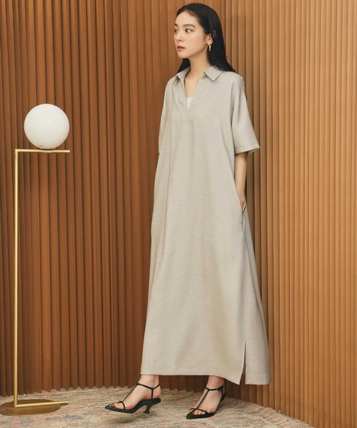 ELFRANK(エルフランク)の「リネンライクスキッパーAライン半袖ロングシャツワンピース【洗える】(シャツワンピース・レディース・グレイッシュベージュ/チャコールグレー・L/M)」の11枚目の写真