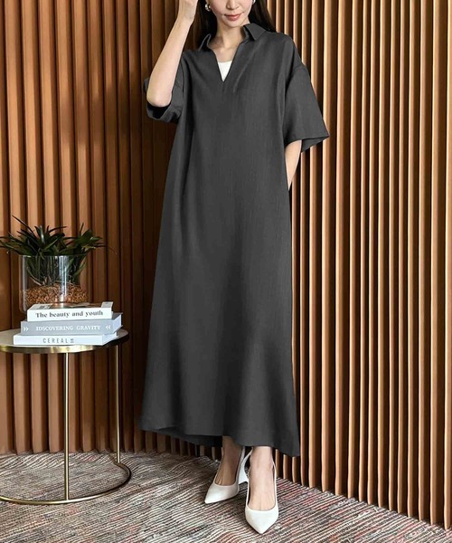 ELFRANK(エルフランク)の「リネンライクスキッパーAライン半袖ロングシャツワンピース【洗える】(シャツワンピース・レディース・グレイッシュベージュ/チャコールグレー・L/M)」の13枚目の写真