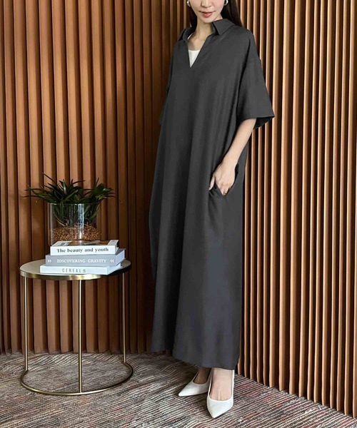 ELFRANK(エルフランク)の「リネンライクスキッパーAライン半袖ロングシャツワンピース【洗える】(シャツワンピース・レディース・グレイッシュベージュ/チャコールグレー・L/M)」の14枚目の写真