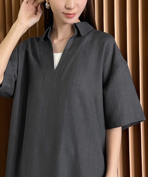 ELFRANK(エルフランク)の「リネンライクスキッパーAライン半袖ロングシャツワンピース【洗える】(シャツワンピース・レディース・グレイッシュベージュ/チャコールグレー・L/M)」の16枚目の写真