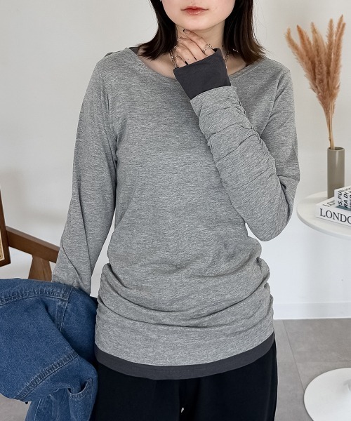 RCD(アールシーディー)の「フェイクレイヤードロングTシャツ(Tシャツ/カットソー・レディース・ワインレッド/ホワイト/モカ/チャコールグレー/杢グレー/ブラック/ブルーグリーン/カーキ/ネイビー/ロイヤルブルー・L/M/LL)」の4枚目の写真