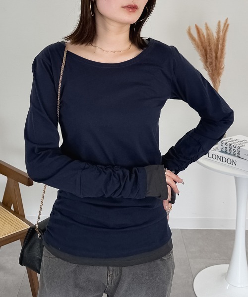 RCD(アールシーディー)の「フェイクレイヤードロングTシャツ(Tシャツ/カットソー・レディース・ワインレッド/ホワイト/モカ/チャコールグレー/杢グレー/ブラック/ブルーグリーン/カーキ/ネイビー/ロイヤルブルー・L/M/LL)」の7枚目の写真
