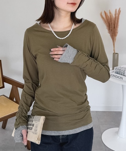 RCD(アールシーディー)の「フェイクレイヤードロングTシャツ(Tシャツ/カットソー・レディース・ワインレッド/ホワイト/モカ/チャコールグレー/杢グレー/ブラック/ブルーグリーン/カーキ/ネイビー/ロイヤルブルー・L/M/LL)」の6枚目の写真