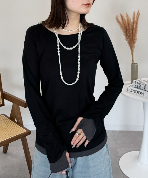 RCD(アールシーディー)の「フェイクレイヤードロングTシャツ(Tシャツ/カットソー・レディース・ワインレッド/ホワイト/モカ/チャコールグレー/杢グレー/ブラック/ブルーグリーン/カーキ/ネイビー/ロイヤルブルー・L/M/LL)」の2枚目の写真