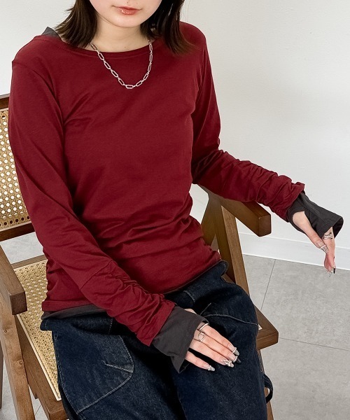 RCD(アールシーディー)の「フェイクレイヤードロングTシャツ(Tシャツ/カットソー・レディース・ワインレッド/ホワイト/モカ/チャコールグレー/杢グレー/ブラック/ブルーグリーン/カーキ/ネイビー/ロイヤルブルー・L/M/LL)」の10枚目の写真