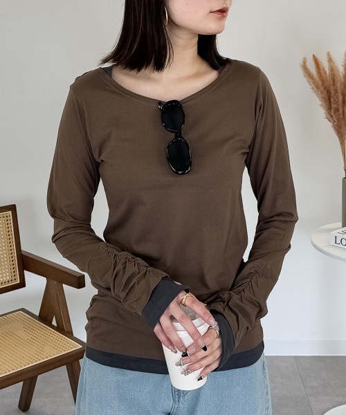 RCD(アールシーディー)の「フェイクレイヤードロングTシャツ(Tシャツ/カットソー・レディース・ワインレッド/ホワイト/モカ/チャコールグレー/杢グレー/ブラック/ブルーグリーン/カーキ/ネイビー/ロイヤルブルー・L/M/LL)」の5枚目の写真