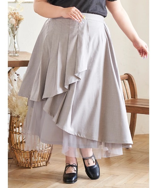 Re-J&SUPURE(リジェイアンドスプル)の「【大きいサイズ】【Kannaコラボ】プリーツ×チュールラッフルスカート(スカート・レディース・ブラック/グレー・XXXX-LARGE/XXX-LARGE/XX-LARGE)」の1枚目の写真