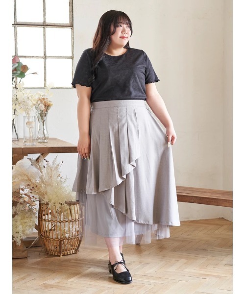 Re-J&SUPURE(リジェイアンドスプル)の「【大きいサイズ】【Kannaコラボ】プリーツ×チュールラッフルスカート(スカート・レディース・ブラック/グレー・XXXX-LARGE/XXX-LARGE/XX-LARGE)」の12枚目の写真