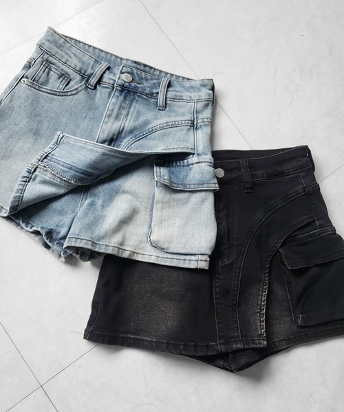 me+em select(ミームセレクト)の「※※【 2color / 4size 】カーゴポケットレイヤードデニムミニスカパン / cargo pocket layered denim mini skirt pants(デニムパンツ・レディース・ブルー/ブラック・MEDIUM/SMALL/X-LARGE/LARGE)」の5枚目の写真