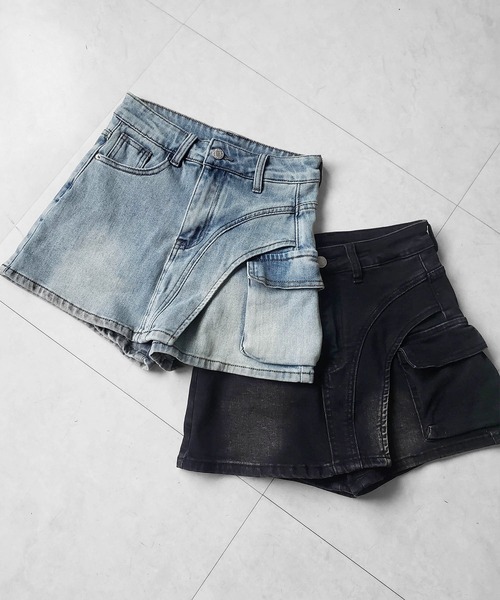 me+em select(ミームセレクト)の「※※【 2color / 4size 】カーゴポケットレイヤードデニムミニスカパン / cargo pocket layered denim mini skirt pants(デニムパンツ・レディース・ブルー/ブラック・MEDIUM/SMALL/X-LARGE/LARGE)」の6枚目の写真